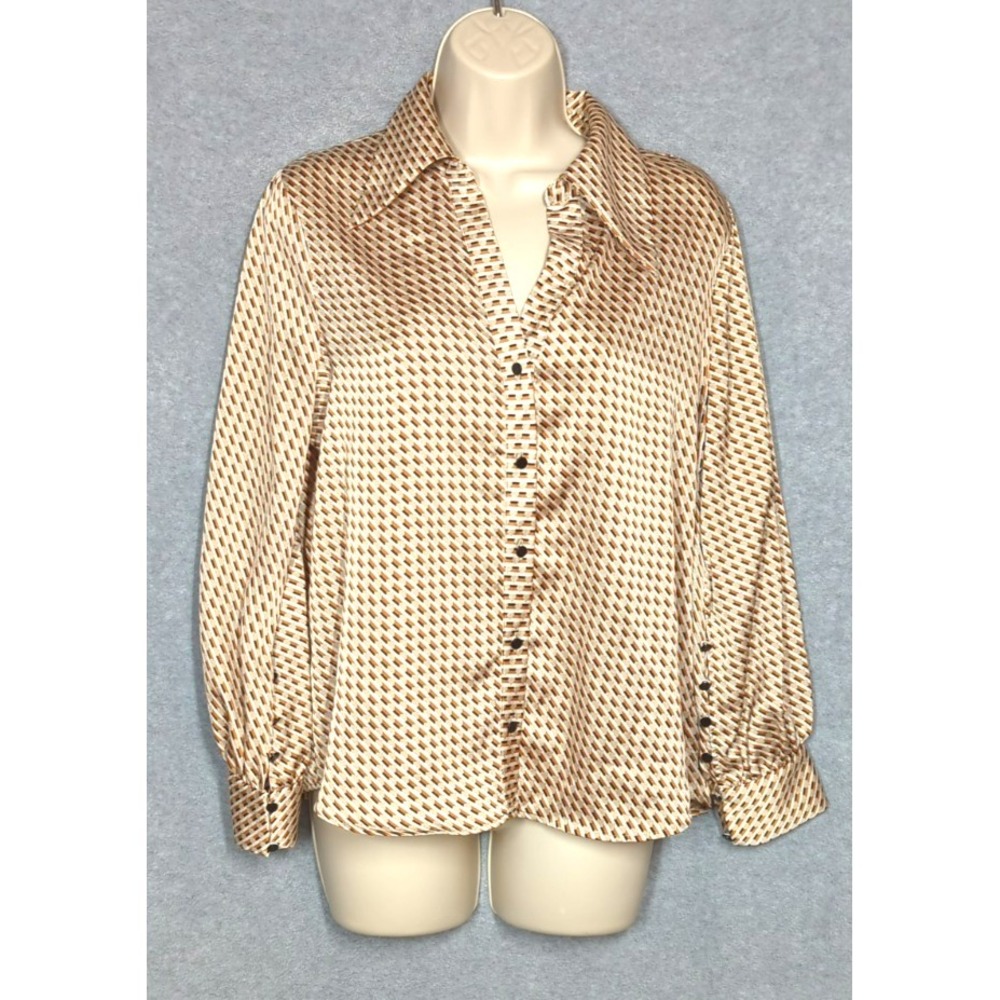 Zara Satin Blouse S Lg Sleeve Button Up Geometric Lg Pointed Collar Disco Boho